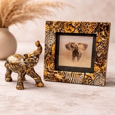 Vintage La Vie Style Safari Elephant Figurine & Frame Jungle Décor Set