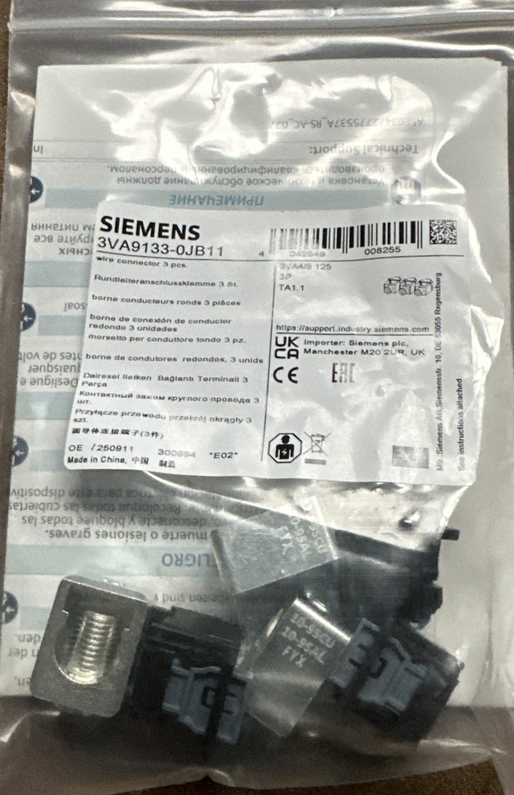 SIEMENS WIRE CONNECTOR 3 PC. 3VA9133-OJB11 125 AMP COMPATIBLE With 3VA41 & 3VA51