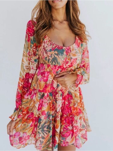 NEW Flying Tomato You’re A Jewel Floral Dress M Smocked Tiered Boho Mini Pink
