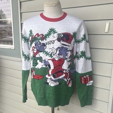 Tom And Jerry Christmas Sweater Mens Med Crew Neck Front Back Sleeves Pattern