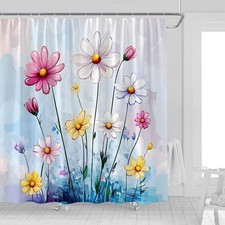 Watercolor Floral Shower Curtain Colorful Daisy Flower Green Leaves Rustic Wi...