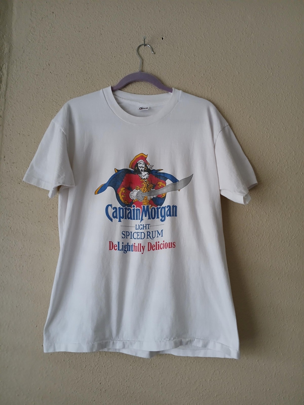 Vintage Captain Morgan Shirt Mens Large White Rum Advertising Made USA Anvil 90s