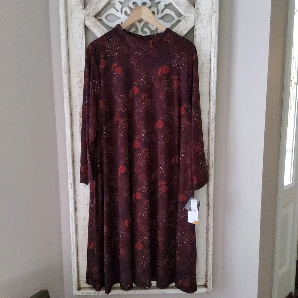 Robbie Bee Women's Plus Mock Neck Paisley Print A-Line Midi Dress Wine Mustard - Image 2 of 4