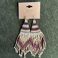 Zad Earrings Women’s NWT Neutral Tone Fringe Woven Beads, Dangle, Simple Chic