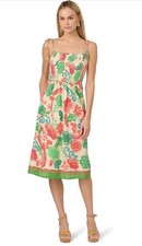 Adrianna Papell Smocked Printed Placement Dress Women Size 6 Ivory Multi