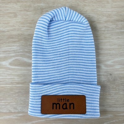 Little Dude Newborn Engraved Beanie 0-3 Months Blue Striped Baby Infant Hat
