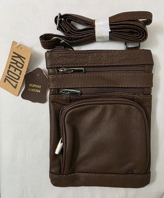 KREDIZ Genuine Leather Espresso Brown Crossbody Bag Multiple Zipper Pockets