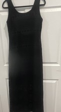 Women’s Black Lace Maxi Dress Long Scoop Neck Sleeveless Strappy Sheer Geo