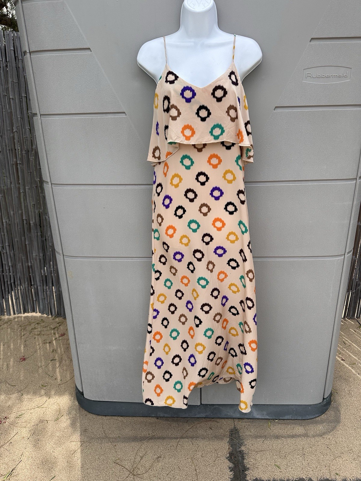 BLU MOON By PLANET BLUE Silk Maxi Slip Dress Ruffle Geo Print Sz S Vacation Y2K