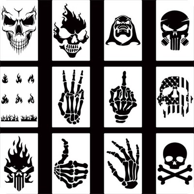 YKW Skull Stencils, 12Pcs Reusable Skeleton Hand Painting 1, Metallic Silver 