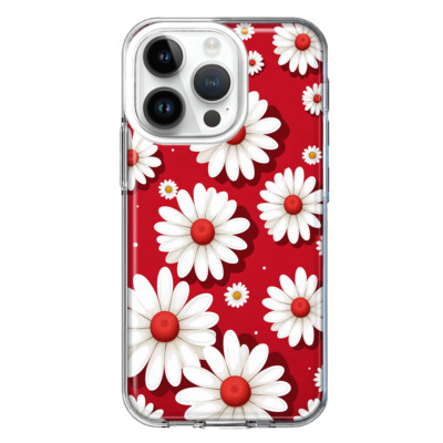 For Apple iPhone 14 Pro Shockproof Hybrid Case, Cute Red White Daisy Polkadots