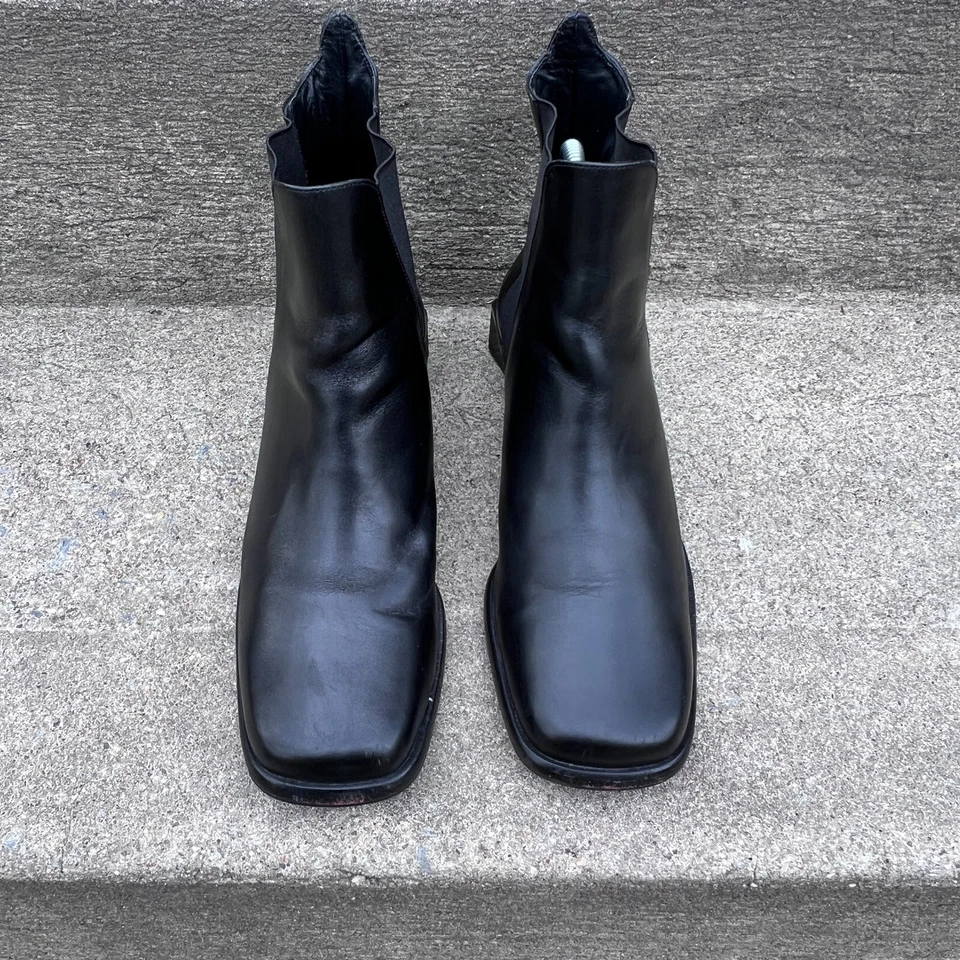 Cole Haan размер 7 черный квадратный носок блок каблук ведьма винтажный 90-х кожаный ботинок читать - Изображение 4 из 4