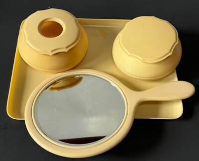 Antique 1920s Celluloid Ivory Dresser Vanity Set- 2 Containers Tray Hand Mirror
