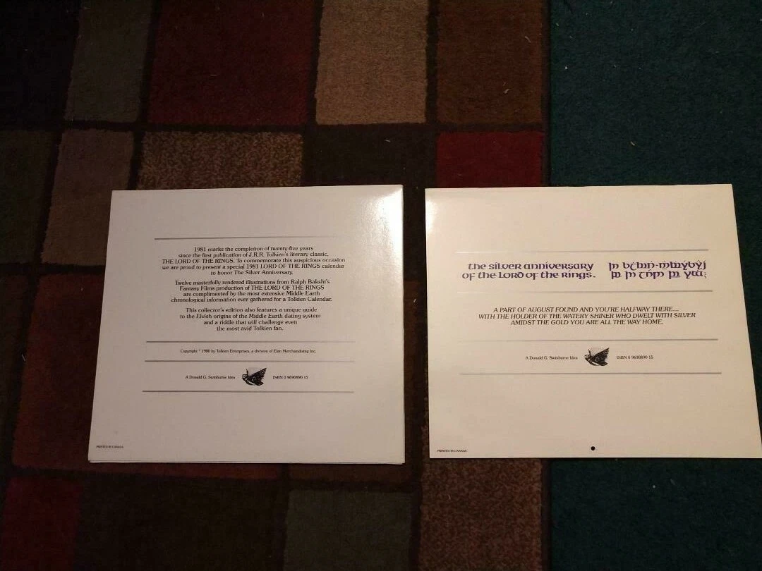1981 THE LORD OF THE RINGS J.R.R. TOLKIEN SILVER ANNIVERSARY CALENDAR | eBay