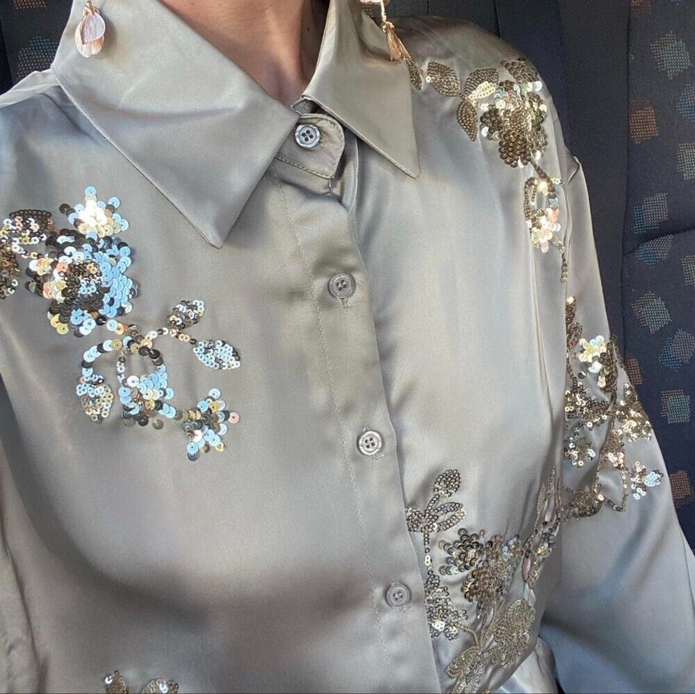 ZARA EMBROIDERED SEQUIN FLORAL BUTTON DOWN SHIRT SEA GREEN ZARA EMBROIDERED SEQUIN FLORAL BUTTON DOWN SHIRT SEA GREEN