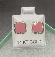 14K Yellow Gold Four Leaf Pink Flower Stud Earrings With Safety Backing