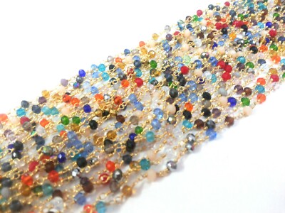 Multi Quartz Rondelle 3-4mm Hydro Beads, 120''inch Gold Wire Rosary Beaded Chain