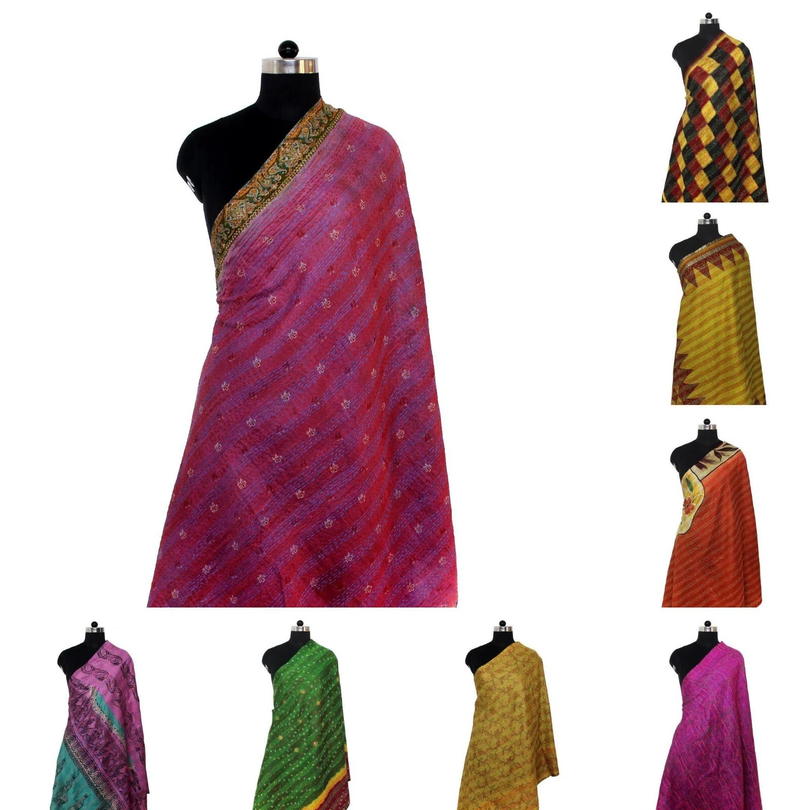 Big Handmade Silk Reversible Kantha Scarf Embroidered Vintage Indian Neck Wrap
