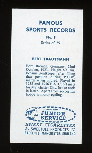 1957 Junior Service Famous Sports Records Fútbol #9 Bert Trautmann Casi Nuevo/Como Nuevo - Imagen 2 de 2