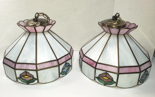 Pair of Vintage Stained Slag Glass Hanging Light Lamp Fixture Tiffany Style 15"