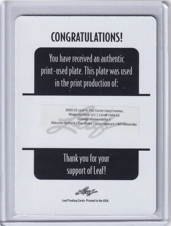Maurice Richard/Toe Blake/Gaye Stewart/Bill Mosienko Leaf ITG Used Plate 1/1 - Image 2 of 2