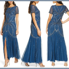 NEW Pisarro Nights  6  Beaded Short Sleeve Mermaid Gown in Blue F927