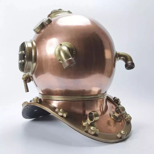 18" Copper Diving Helmet US Navy Mark V Deep Sea Scuba Antique Divers With Stand - Picture 2 of 5