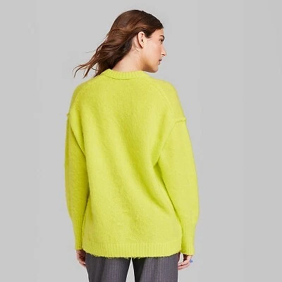 Women s V Neck Fuzzy Oversized Pullover Sweater Wild Fable Vibrant Lime Green