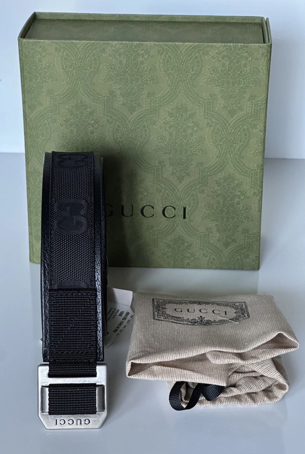 Ceinture femme Gucci GG Supreme monogramme cuir/tissu noir 80/32 IT 684485 neuve dans sa boîte