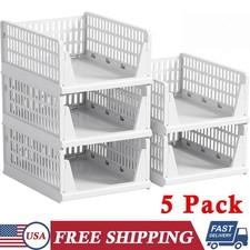 5 Pack White Stackable Plastic Storage Baskets Foldable Closet Organizer Bins