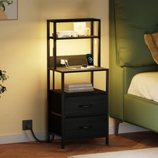 Tall Nightstand with Charging Station LED Light 4 Tier Shelf 2 Drawer Table