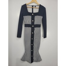 SHEIN Houndstooth Mermaid Midi Dress Black White Faux Pearl Square Neck M