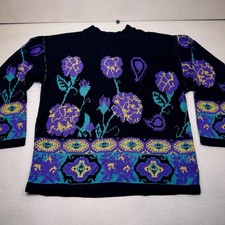 Vintage Burlington Women  s Sweater Factory M Floral Black Knit Made in USA