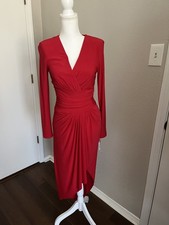 Xscape Red Wrap Long Sleeve V Neck Jersey Asymmetric Dress Size 6  NWT Made USA