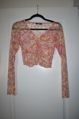 Y2K Mesh Floral Sheer Ruched Cropped Long Sleeve Blouse Pink Orange Yellow M