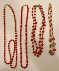 Vintage Costume Jewelry Group of Four Mid-Century Gold-Tone & Red Bead Necklaces