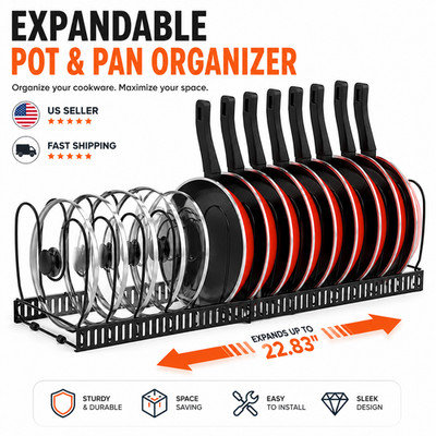 Pot and Pan Organizer Rack Expandable Cabinet Storage Holder Black 22.8''