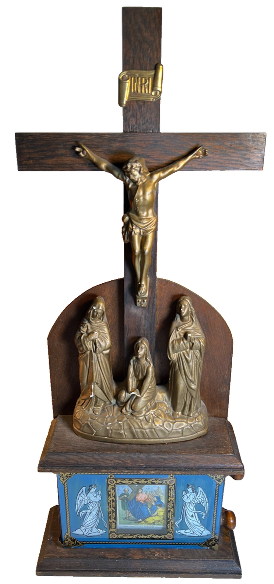 Antique 1904 Koenig Bros Oak Crucifix Shrine Rotating Stations