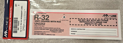 STICKER, R32, A2L Refrigerant 5 Pack Equipment Labels, MA-Line #MA ...