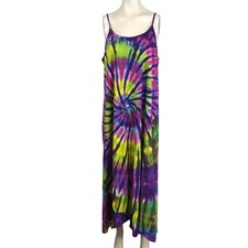 Dharma Trading Co.Tie Dye Maxi Dress Spaghetti Strap Purple Green Yellow Boho XL