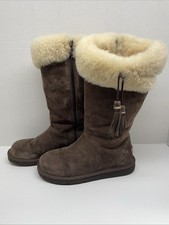 UGG Sheepskin Lined Leather Boots Chocolate Brown 1894 Sz 7 M Cuff Tassels Zip