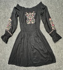 Hollister Dress Junior Small Black Floral Embroidered Off Shoulder Boho Milkmaid