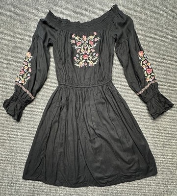 Hollister Dress Junior Small Black Floral Embroidered Off Shoulder Boho Milkmaid | eBay Hollister Dress Junior Small Black Floral Embroidered Off Shoulder Boho Milkmaid | eBay