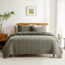 Sage Green Stone Washed Cotton Quilt Set Full Queen Faded 3 Piece Bedding