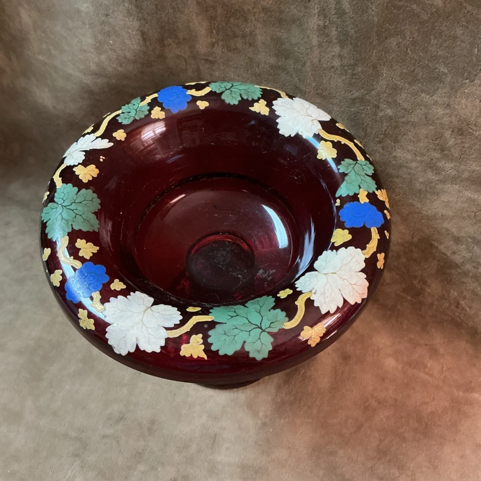 Victorian hand blown Glass ruby stained vintage grape leaf design compote Dish - Image 2 of 4