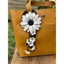 Genuine Leather Flower Bag Charm White Daisy Leather Black Accent Purse Keychain