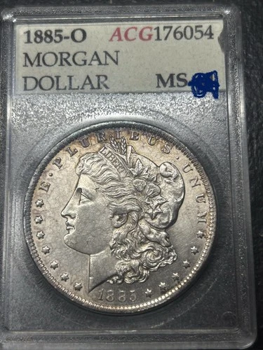 1885 O ACG Morgan Silver Dollar Accugrade MS BU Chipped/cracked Slab