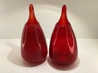 2 Ruby red handblown MCM stretch art Glass teardrop vases cruets