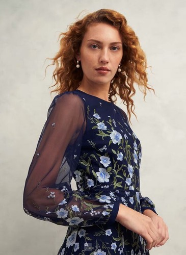 Hobbs Lois Embroidered Long Sleeve Dress Midi Length Navy Blue Floral Size UK 18 - Picture 4 of 23