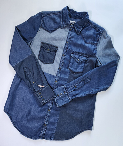Diesel Shirt Men Small Pearl Snap Patchwork Chambray Denim Faded Western Cowboy